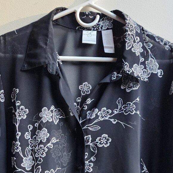 Emma James Black/White Semi-Sheer Floral Button Down Blouse Size 18 - Picture 4 of 14